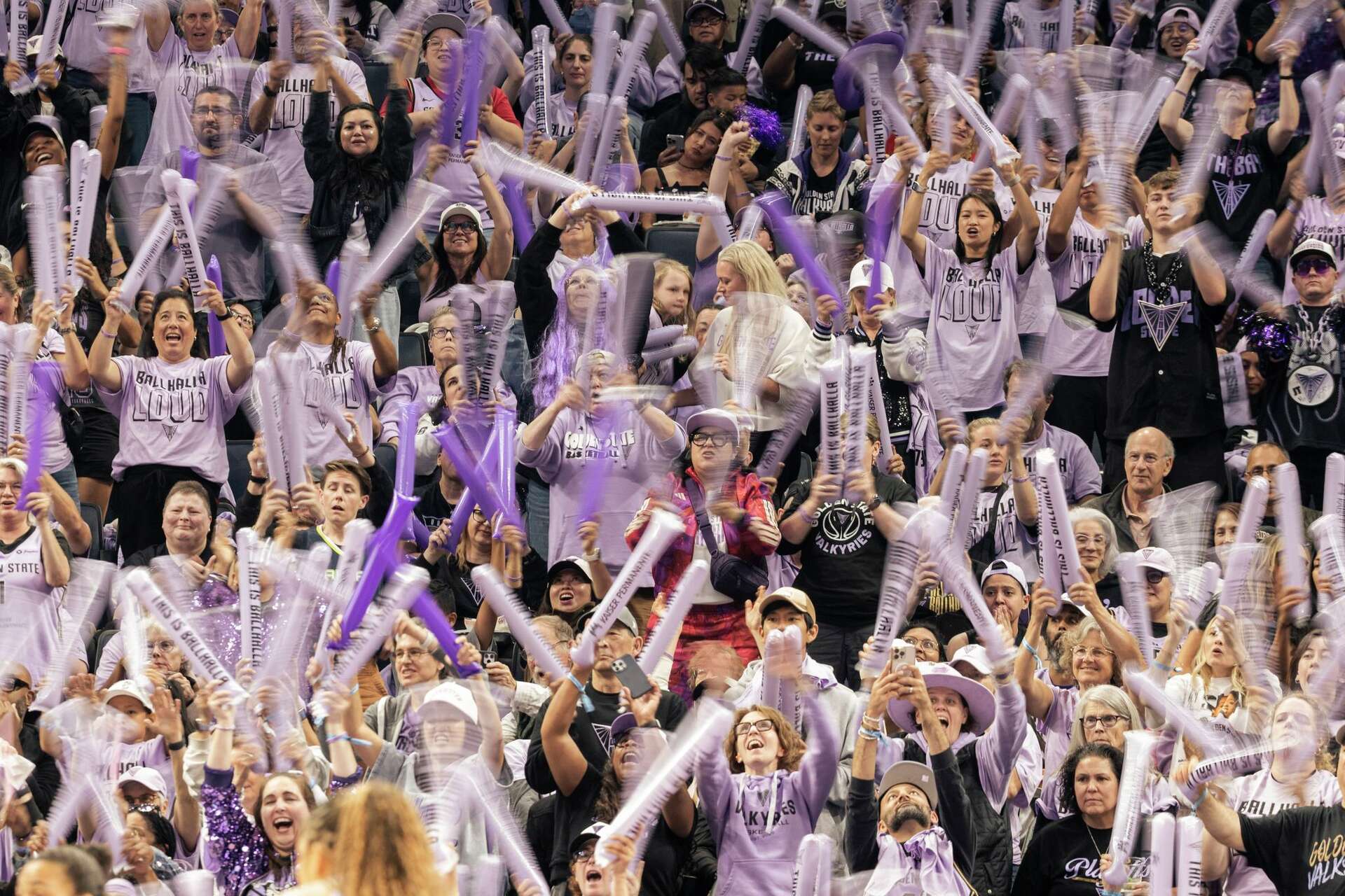 Golden State Valkyries supporters cheer at Chase Center during the 2026 playoffs