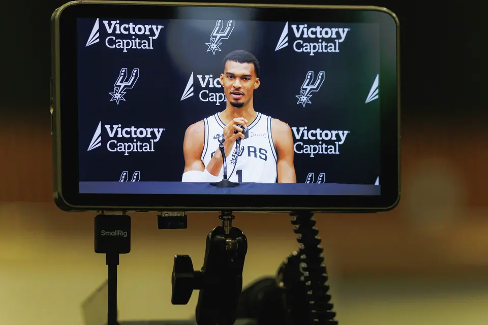 San Antonio Spurs’ Victor Wembanyama answers questions from reporters during the NBA basketball team’s media day at the Victory Capital Performance Center in San Antonio, Monday, Sept. 28, 2026.