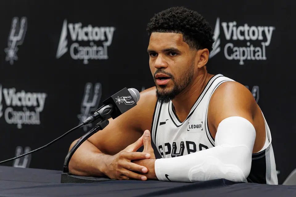 San Antonio Spurs forward Tobias Harris (23) answers questions from reporters during the NBA basketball team’s media day at the Victory Capital Performance Center in San Antonio, Monday, Sept. 28, 2026.