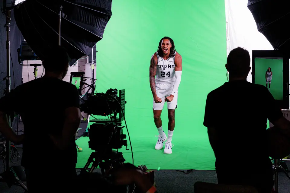 San Antonio Spurs guard Devin Vassell (24) screams for a video clip during the NBA basketball team’s media day at the Victory Capital Performance Center in San Antonio, Monday, Sept. 28, 2026.