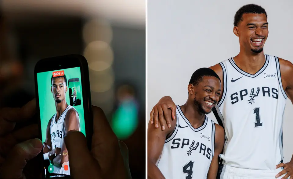 Left, a reporter films San Antonio Spurs center Victor Wembanyama as he poses for photos and video clips during the NBA basketball team’s media day at the Victory Capital Performance Center in San Antonio, Monday, Sept. 28, 2026. Right, San Antonio Spurs’ De'aaron Fox (4) and Victor Wembanyama (1) pose for photos together.