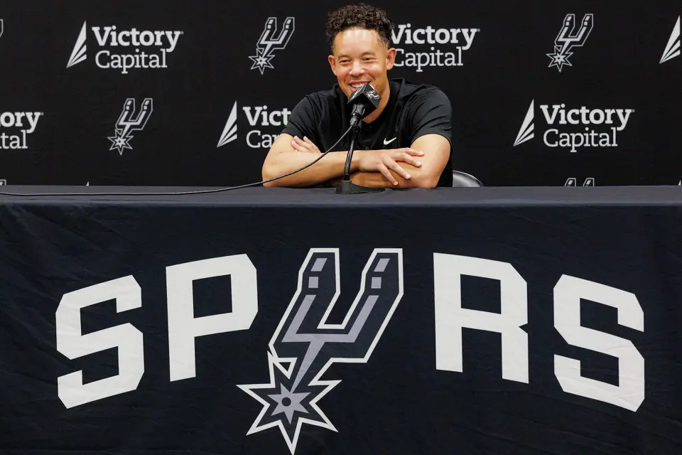 San Antonio Spurs head coach Mitch Johnson answers questions from reporters during the NBA team’s media day at the Victory Capital Performance Center in San Antonio, Monday, Sept. 28, 2026.