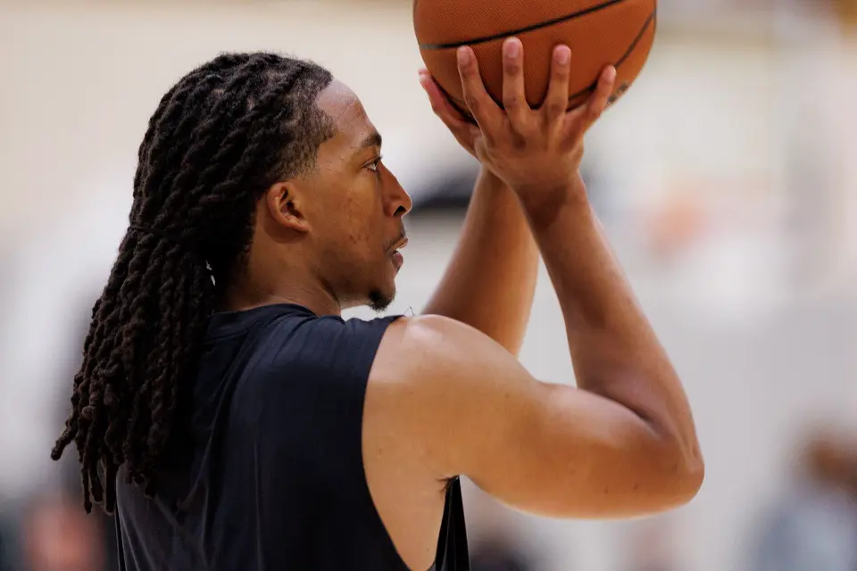 San Antonio Spurs rookie Maliq Brown participates in training camp at Victory Capital Performance Center in San Antonio, Tuesday, Sept. 29, 2026.