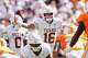 Texas quarterback Arch Manning (16) sets up a play during the second half of an NCAA college football game against Tennessee in Knoxville, Tenn., Saturday, Sept. 26, 2026. (Sara Diggins/The San Antonio Express-News via AP)