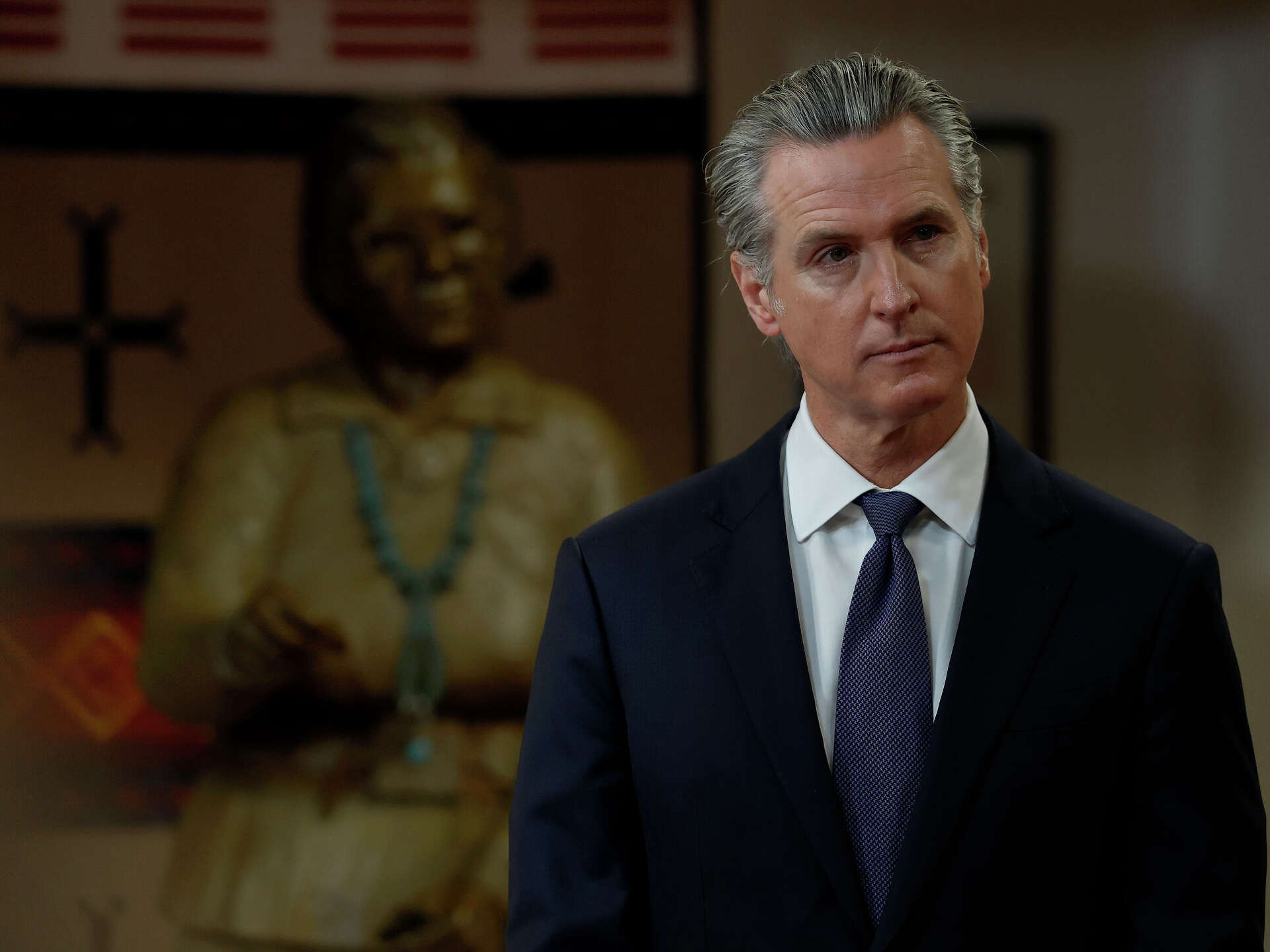 California Gov. Gavin Newsom looks on during a press conference at Friendship House Association of American Indians on Jan. 16, 2026, in San Francisco.