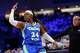 Dallas Wings guard Arike Ogunbowale celebrates after sinking a three-pointer in the second half of a Game 2 win over the Valkyries on Wednesday at College Park Center in Arlington, Texas.