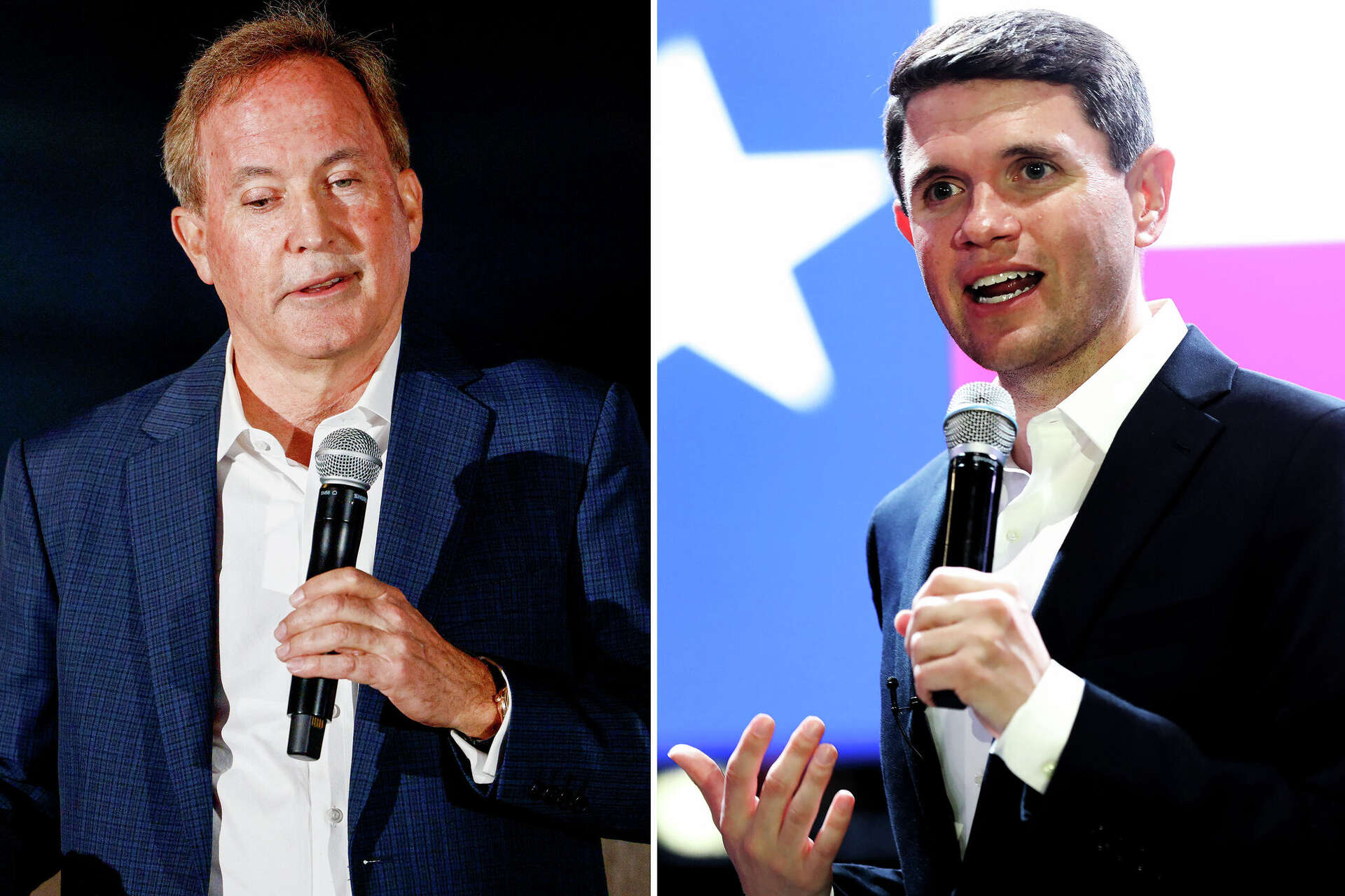 Attorney General Ken Paxton, left, and State Rep. James Talarico, right, on the campaign trail.