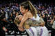 Kaitlyn Chen (2) hugs Gabby Williams (1) after the Valkyries defeated the Las Vegas Aces 87-77 in Game 3 of the 2026 WNBA Playoff semifinals in Las Vegas on Friday.