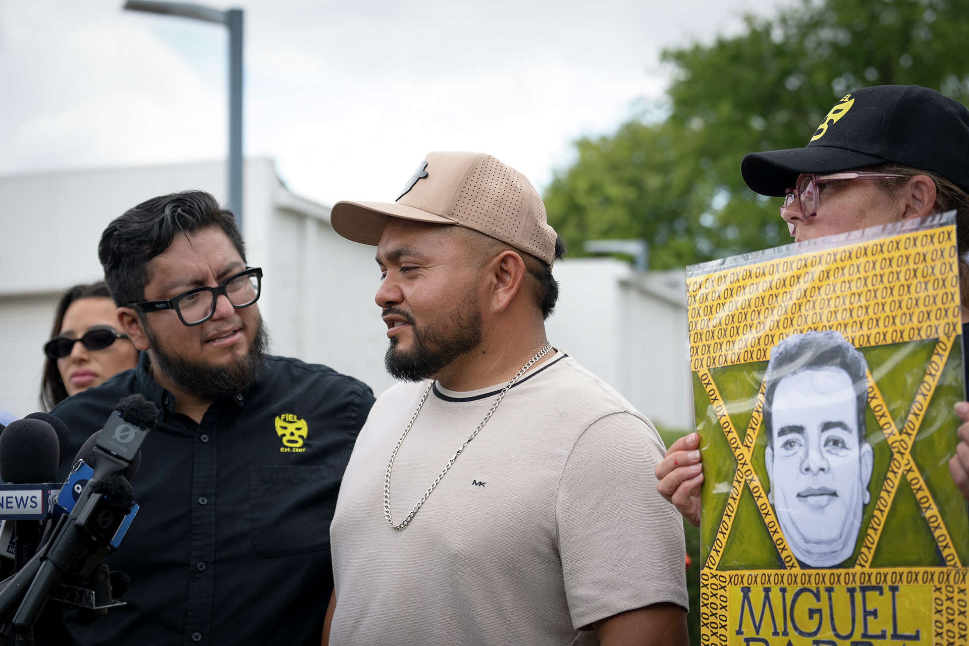 Rodolfo Parra, brother of Miguel Parra-Hernandez, speaks to the media Monday, Oct. 12, 2026, alongside Cesar Espinosa, executive director of FIEL, near the scen
