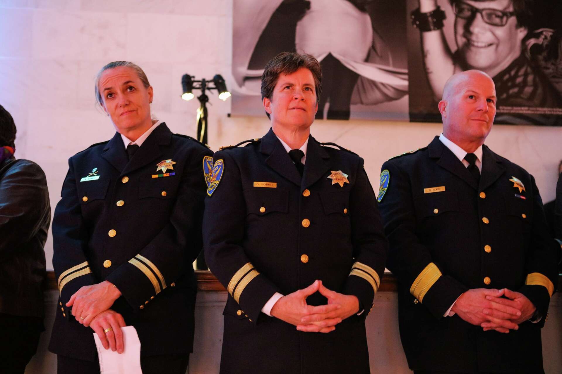Ann Mannix, Deputy Chief Denise Schmitt, and Police Chief Greg Suhr at City Hall in San Francisco on Nov. 10, 2015. A funeral Mass for retired SFPD Deputy Chief