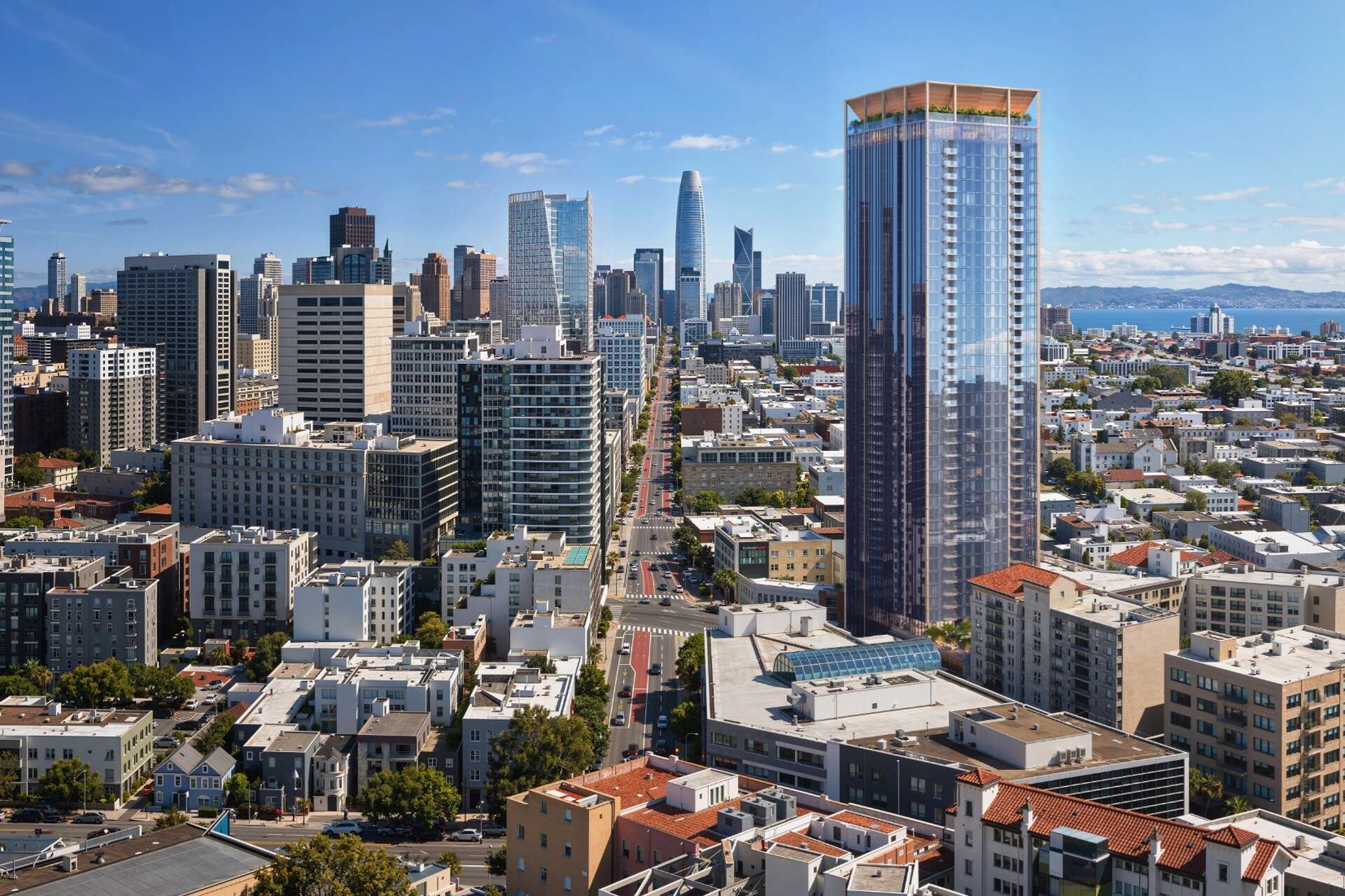 An artist’s rendering of a 45-story tower proposed at 1601 Mission St. in San Francisco.