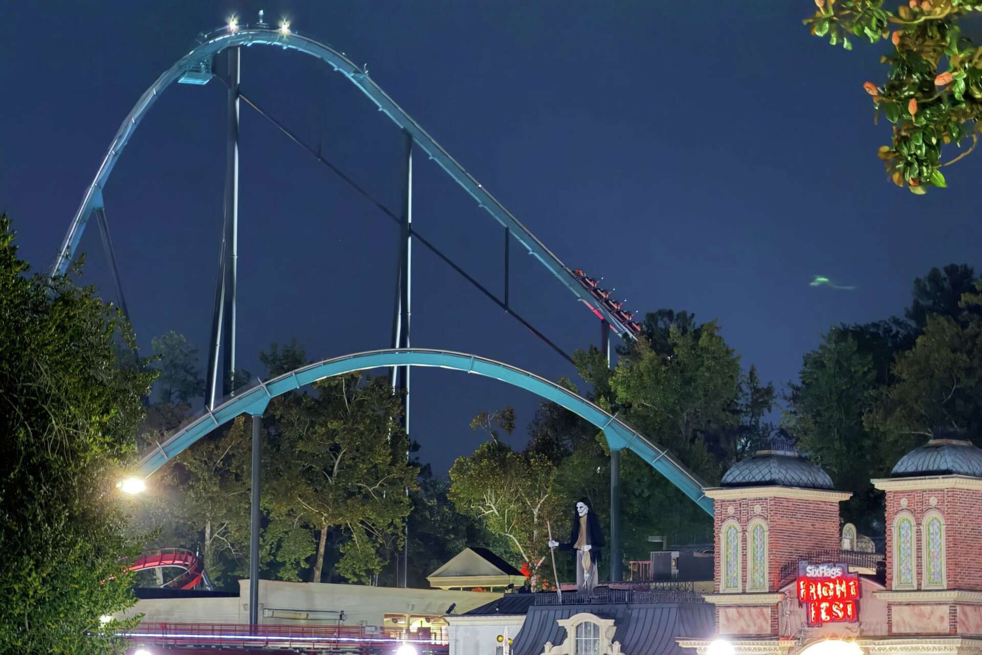 A roller coaster is shown at Six Flags over Georgia on Monday, Oct. 12, 2026 in Austell, Ga.