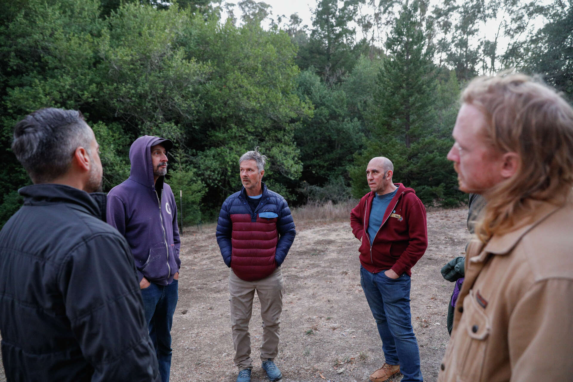 Left to right, Brett Woollum, Rob Reger, Todd Stuart, Jonathan Mandel and Ryan Carroll talk at a Men’s Circle gathering at Tilden Park in Berkeley.