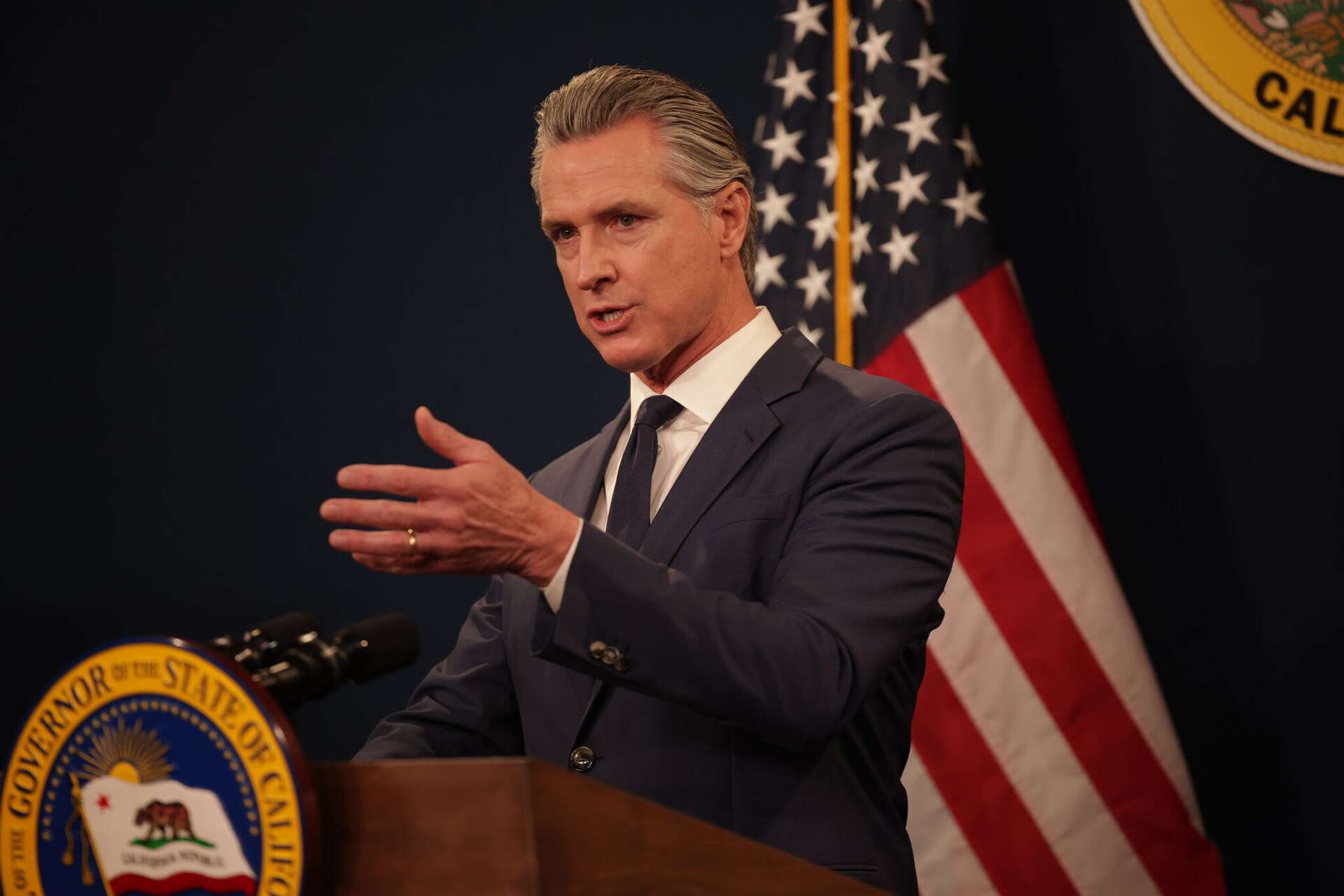 California Gov. Gavin Newsom called the Department of Justice’s suit “a sad, desperate attempt” by the White House to suppress California voters weeks before El