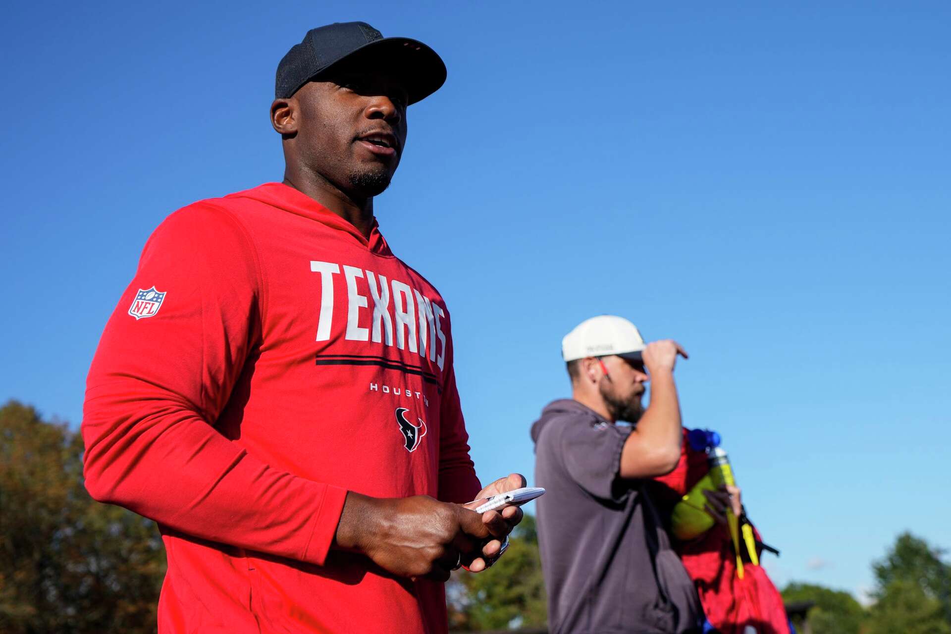 Houston Texans head coach DeMeco Ryans walks to the field as the team arrives to practice at Harrow School in London, Friday, Oct. 16, 2026. The Texans play the
