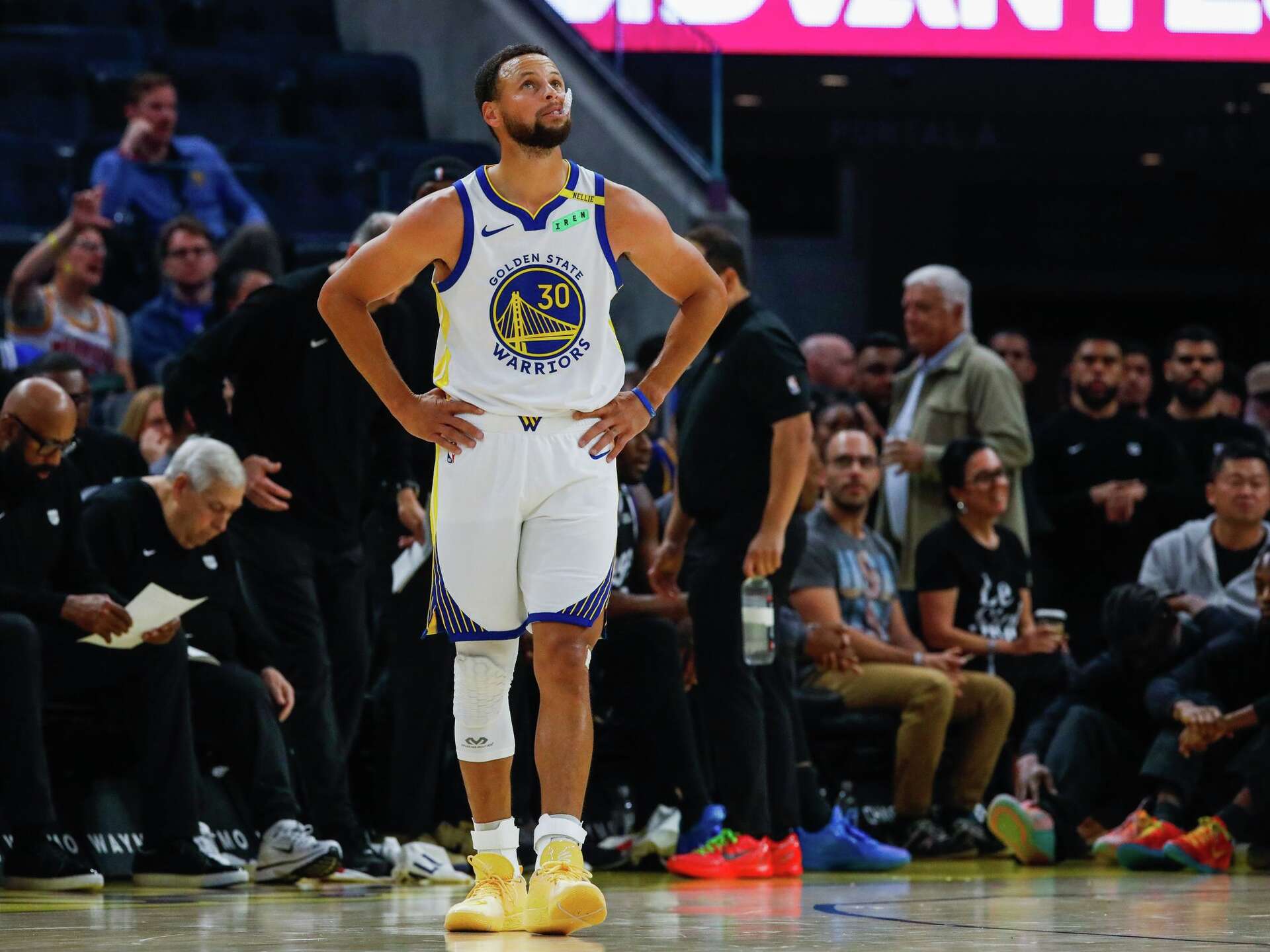 Golden State Warriors guard Stephen Curry (30) in a preseason game against the Sacramento Kings at Chase Center in San Francisco on Saturday, October 10, 2026.