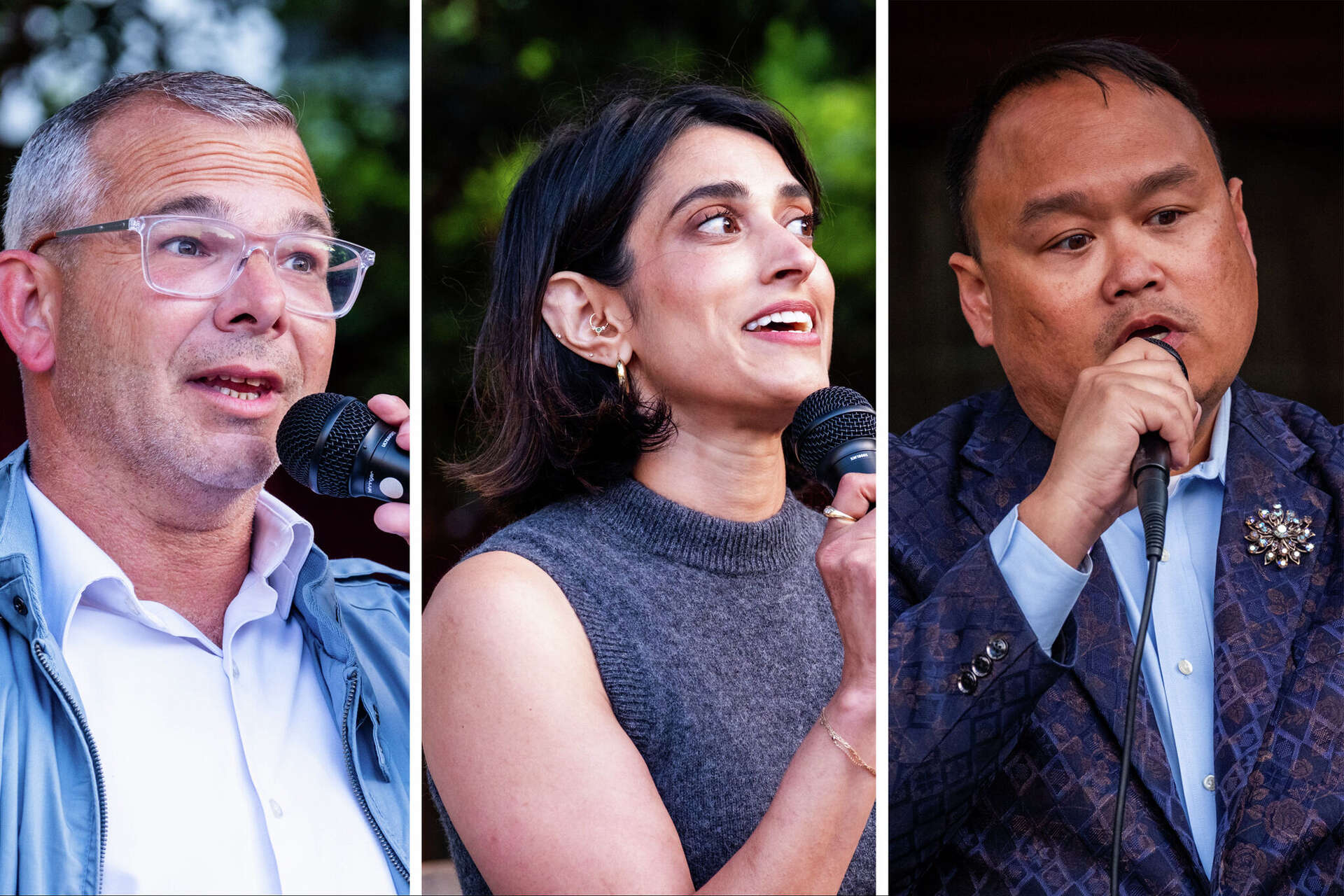Candidates, from left, Gary McCoy, Darshini Patel and Michael Nguyen participate in a forum discussion for District 8 Supervisor candidates.