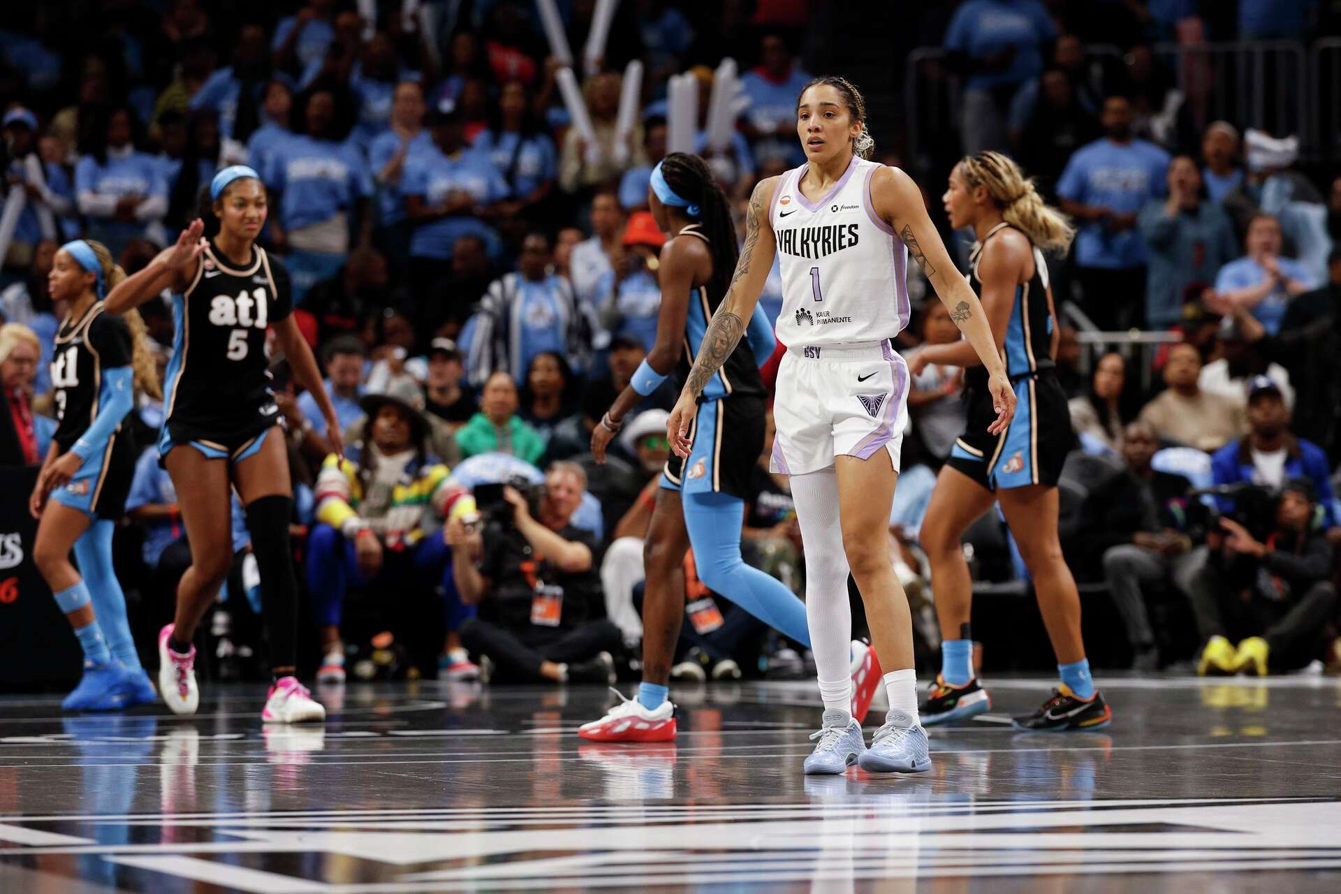 Golden State Valkyries forward Gabby Williams (1) walks to the sideline after the first quarter of the WNBA Finals Game 3 against the Atlanta Dream at State Far
