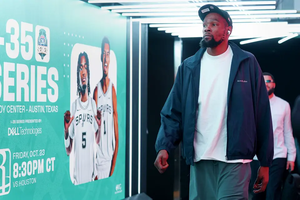 Houston Rockets forward Kevin Durant walks into the Moody Center in Austin, Friday, Oct. 23, 2026, before an NBA game against the San Antonio Spurs.