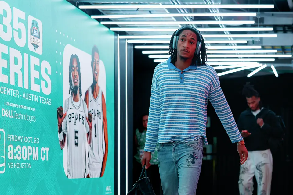 San Antonio Spurs guard Devin Vassell walks into the Moody Center in Austin, Friday, Oct. 23, 2026, before an NBA game against the Houston Rockets.