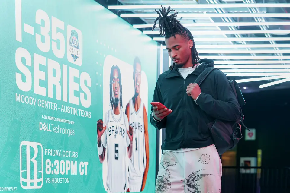 San Antonio Spurs guard Stephon Castle walks into the Moody Center in Austin, Friday, Oct. 23, 2026, before an NBA game against the Houston Rockets.
