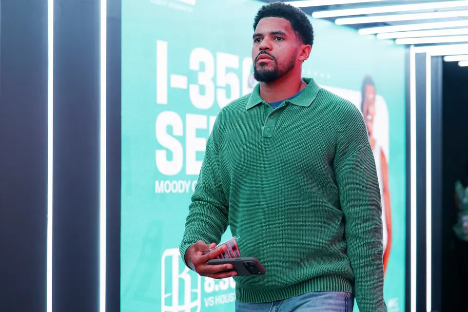 San Antonio Spurs forward Tobias Harris walks into the Moody Center in Austin, Friday, Oct. 23, 2026, before an NBA game against the Houston Rockets.