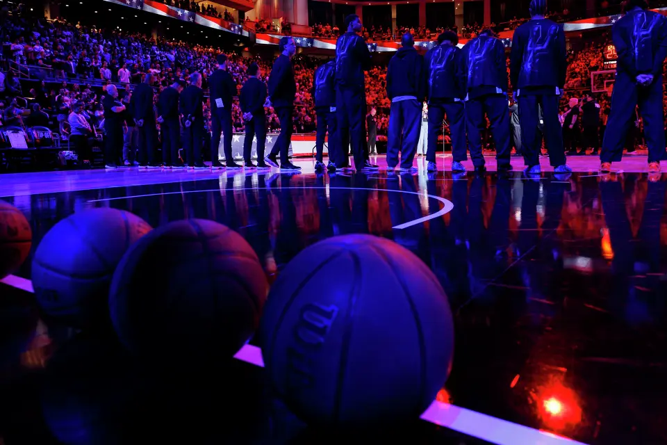 The San Antonio Spurs stand for the national anthem before taking on the Houston Rockets at Moody Center in Austin, Friday, Oct. 23, 2026.