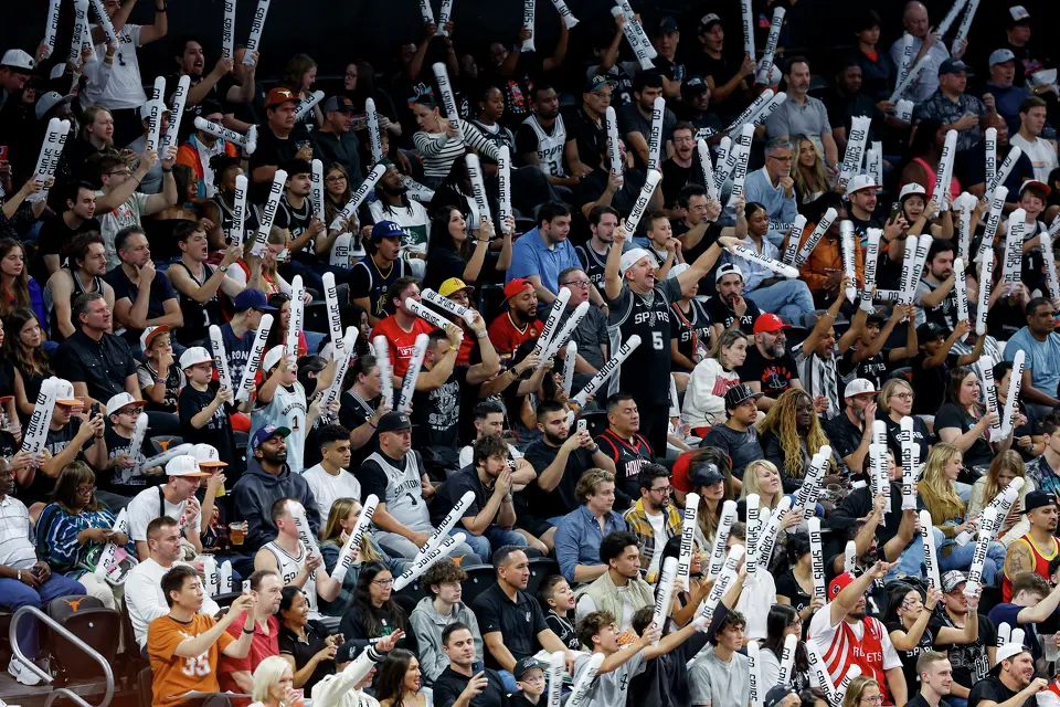 San Antonio Spurs fans cheer during an NBA game against the Houston Rockets at Moody Center in Austin, Friday, Oct. 23, 2026. The Spurs fell 114-110 to the Rockets.