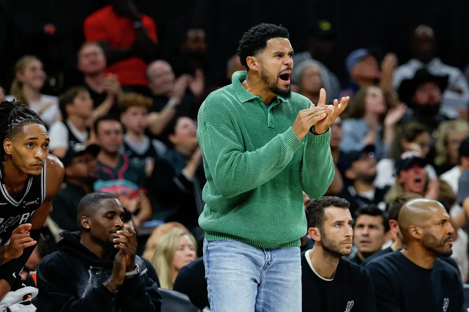San Antonio Spurs forward Tobias Harris reacts as he watches his teammates play in the fourth quarter against the Houston Rockets at Moody Center in Austin, Friday, Oct. 23, 2026. The Spurs fell 114-110 to the Rockets.