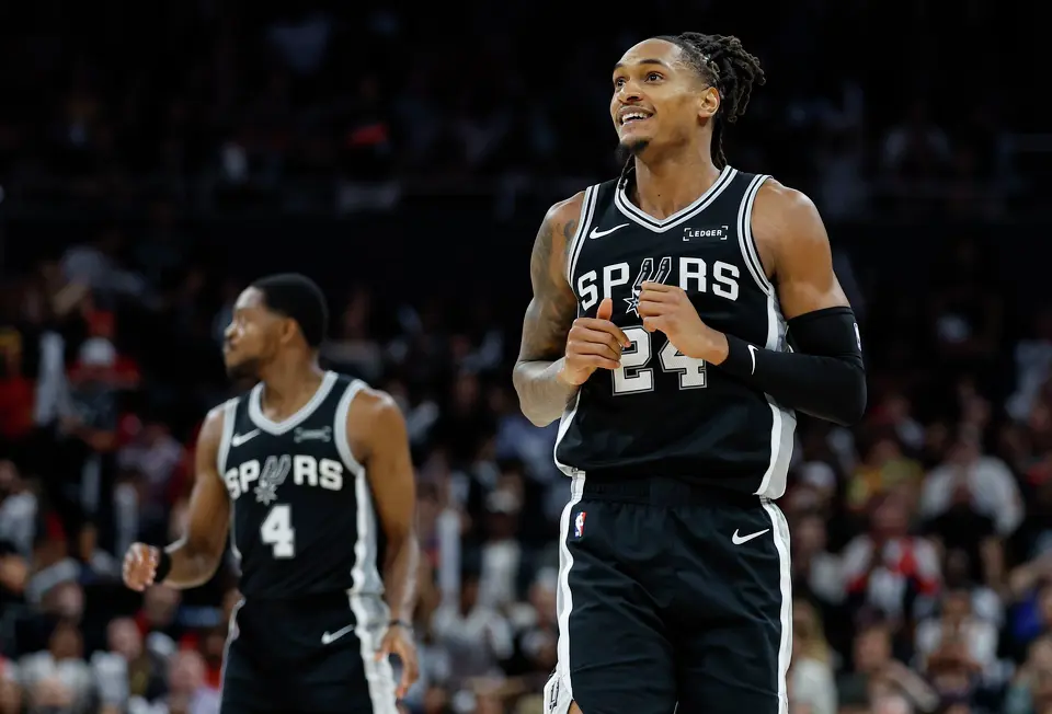 San Antonio Spurs guards Devin Vassell (24) and De'aaron Fox (4) play during the fourth quarter against the Houston Rockets at Moody Center in Austin, Friday, Oct. 23, 2026. The Spurs fell 114-110 to the Rockets.