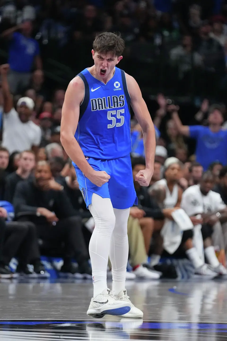 Dallas Mavericks forward Sergio de Larrea reacts after scoring a basket against the San Antonio Spurs during the second half of an NBA basketball game Saturday, Oct. 24, 2026, in Dallas. (AP Photo/Julio Cortez)