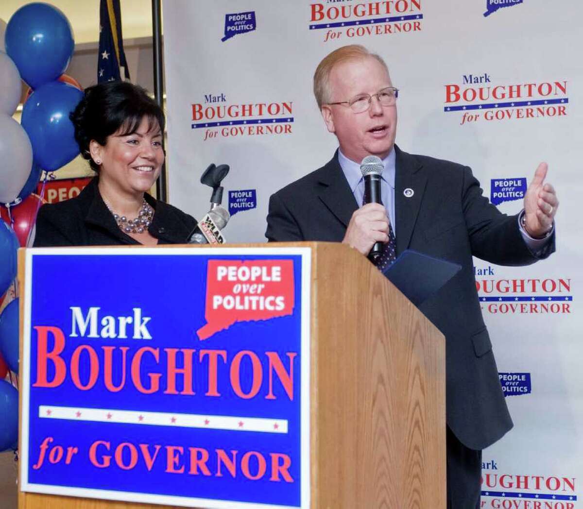 Phyllis Boughton and Mayor Mark Boughton make the announcement to run for governor, at Stony Hill Inn in Bethel. Monday, Feb. 1, 2010