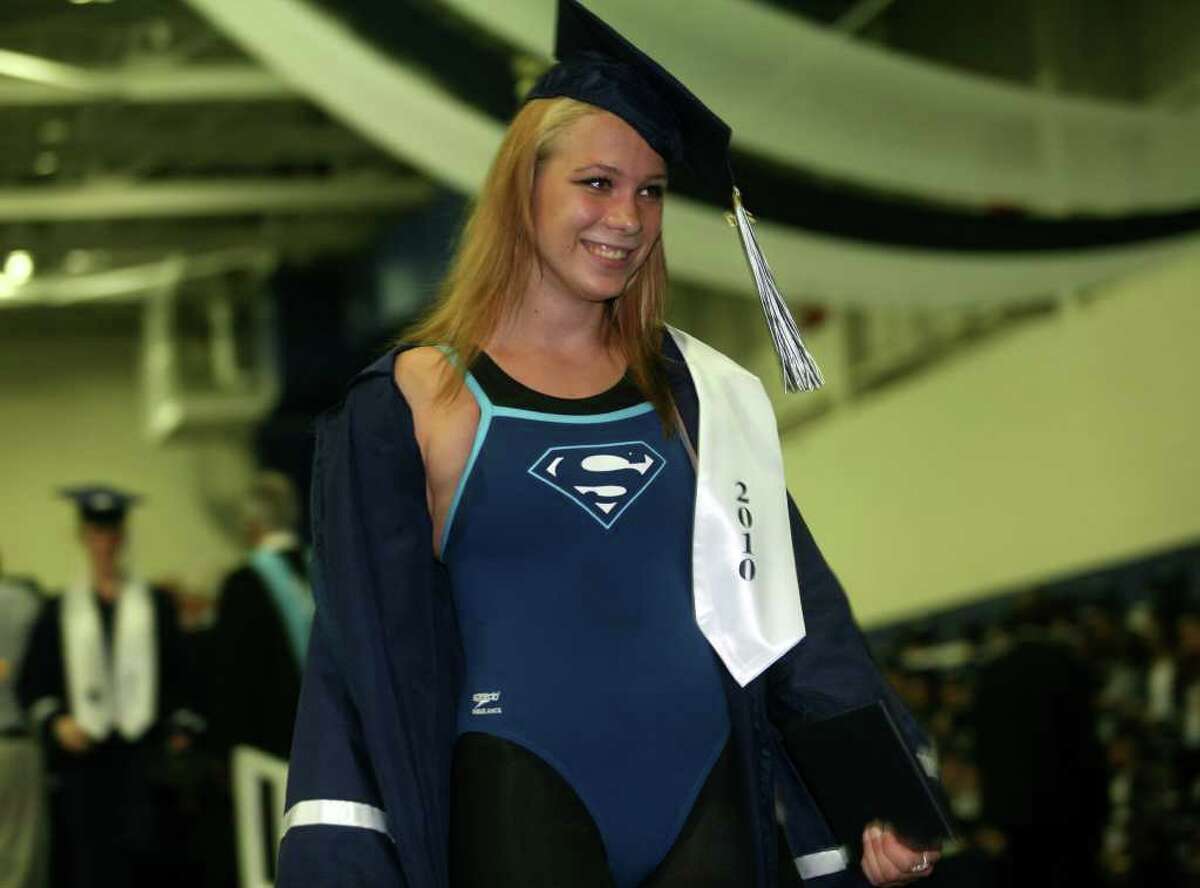 Graduate Helene Neuhaus reveals that she is Superwoman after receiving her diploma at the Staples High School graduation, Wednesday afternoon, June 23, 2010 at Staples High School in Westport.