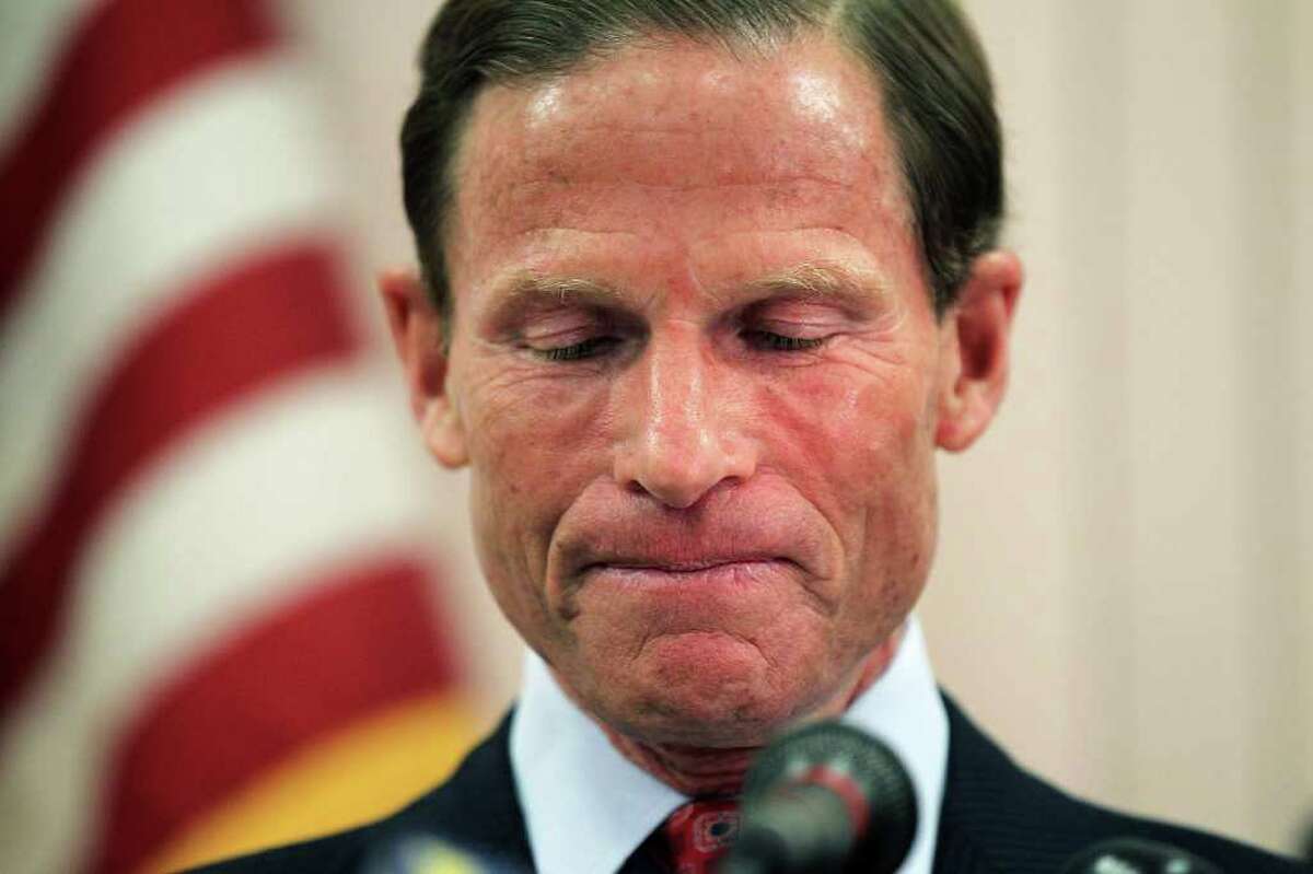 Richard Blumenthal, then Democratic senate candidate and state Attorney General, holds a press conference on May 18 in West Hartford to explain discrepancies in claims he served in Vietnam as a Marine. He served six years in the Marine Reserve beginning in 1970 but none of it overseas or in combat. (Photo by Spencer Platt/Getty Images)