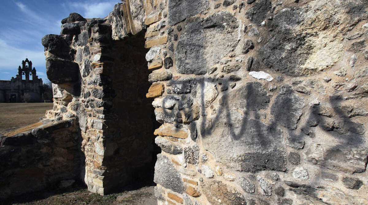 Graffiti has been found on buildings at Mission San Juan.