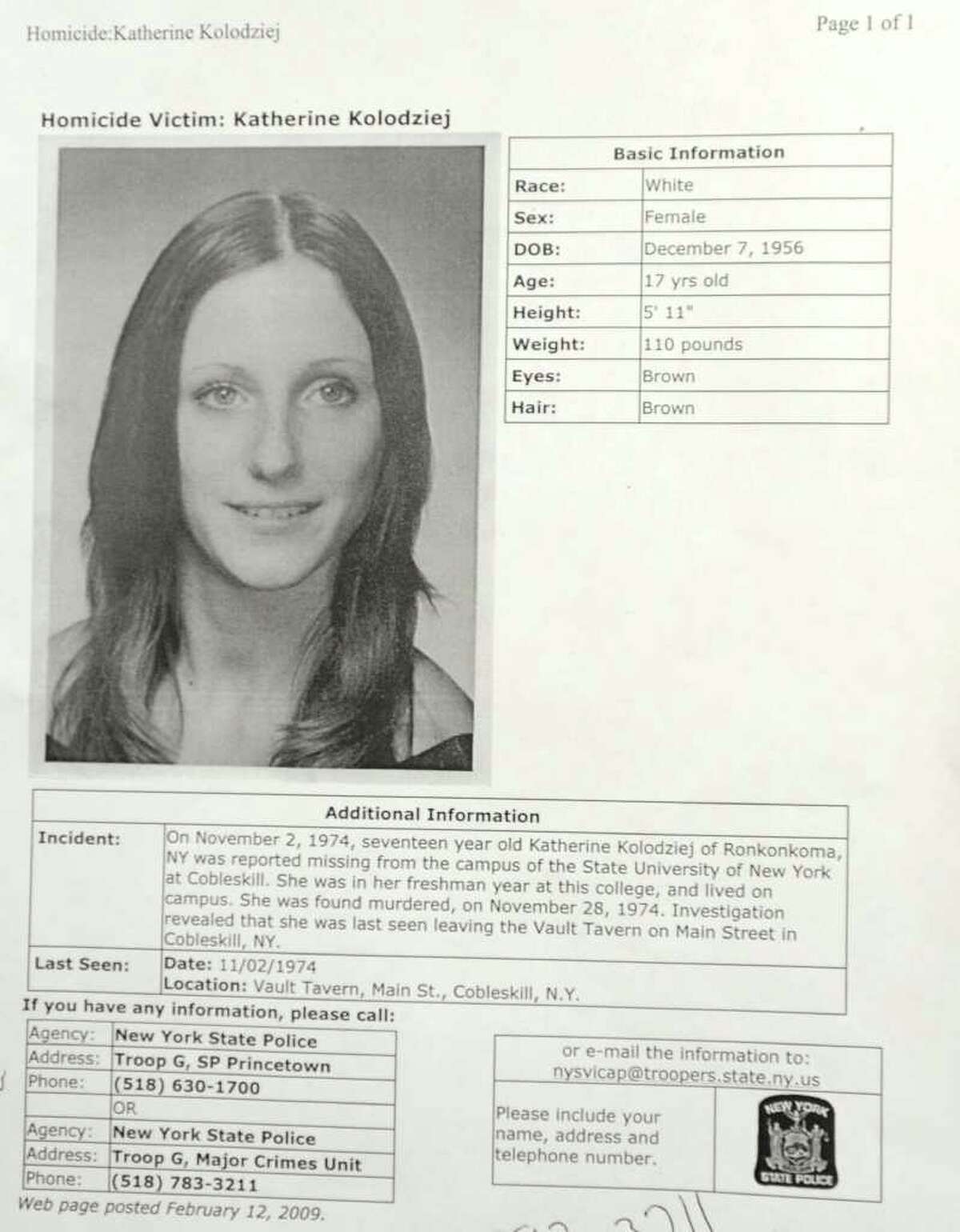 The case information sheet on homicide victim Katherine Kolodziej at Princetown State Police Station in Schenectady. (Lori Van Buren / Times Union)