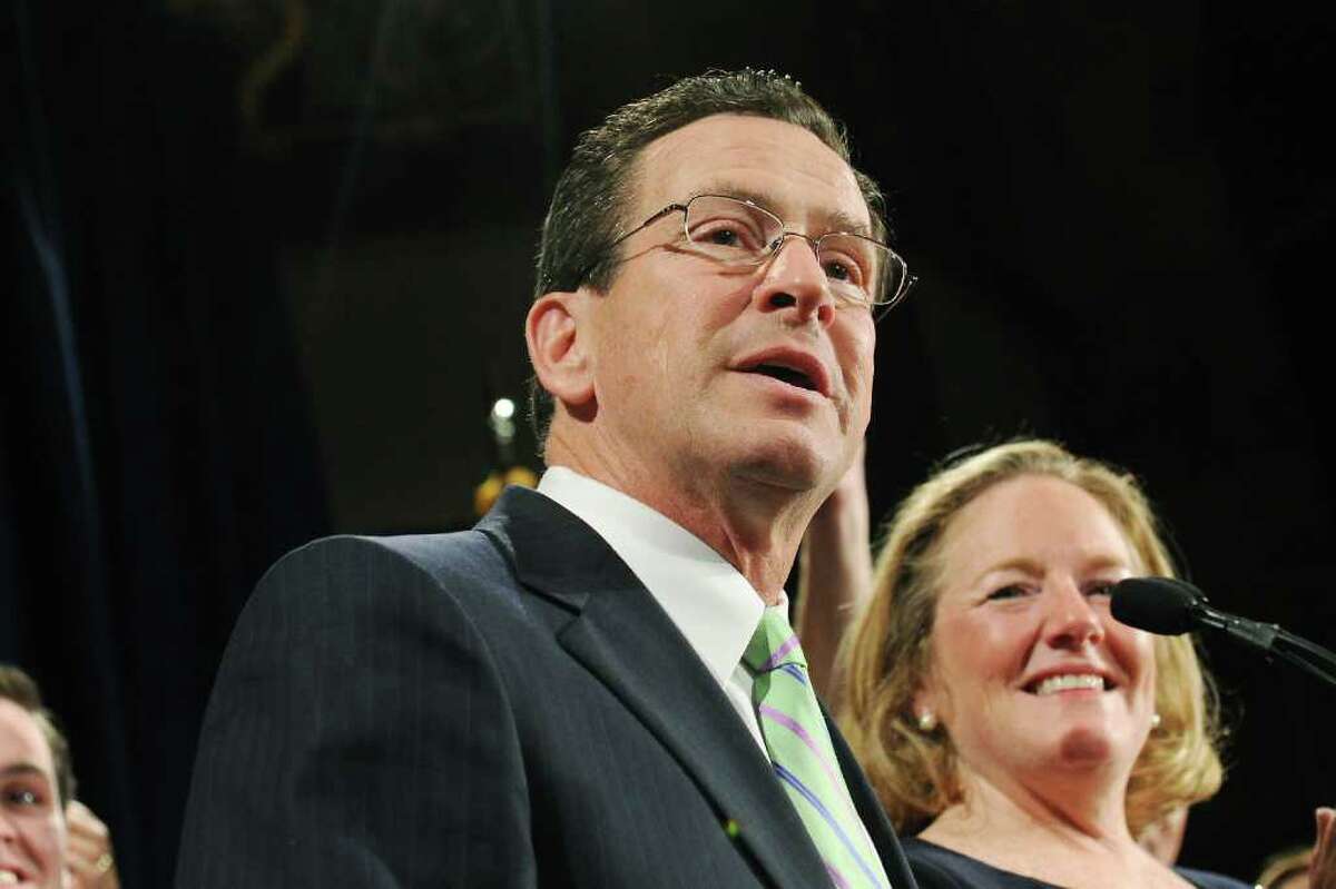 Governor-Elect Dannel Malloy delivers his victory speech with his wife Cathy Malloy by his side at The Society Room on election night in Hartford, Conn. on Tuesday Nov. 2, 2010. Malloy will take the oath of office on Jan. 5, 2011.