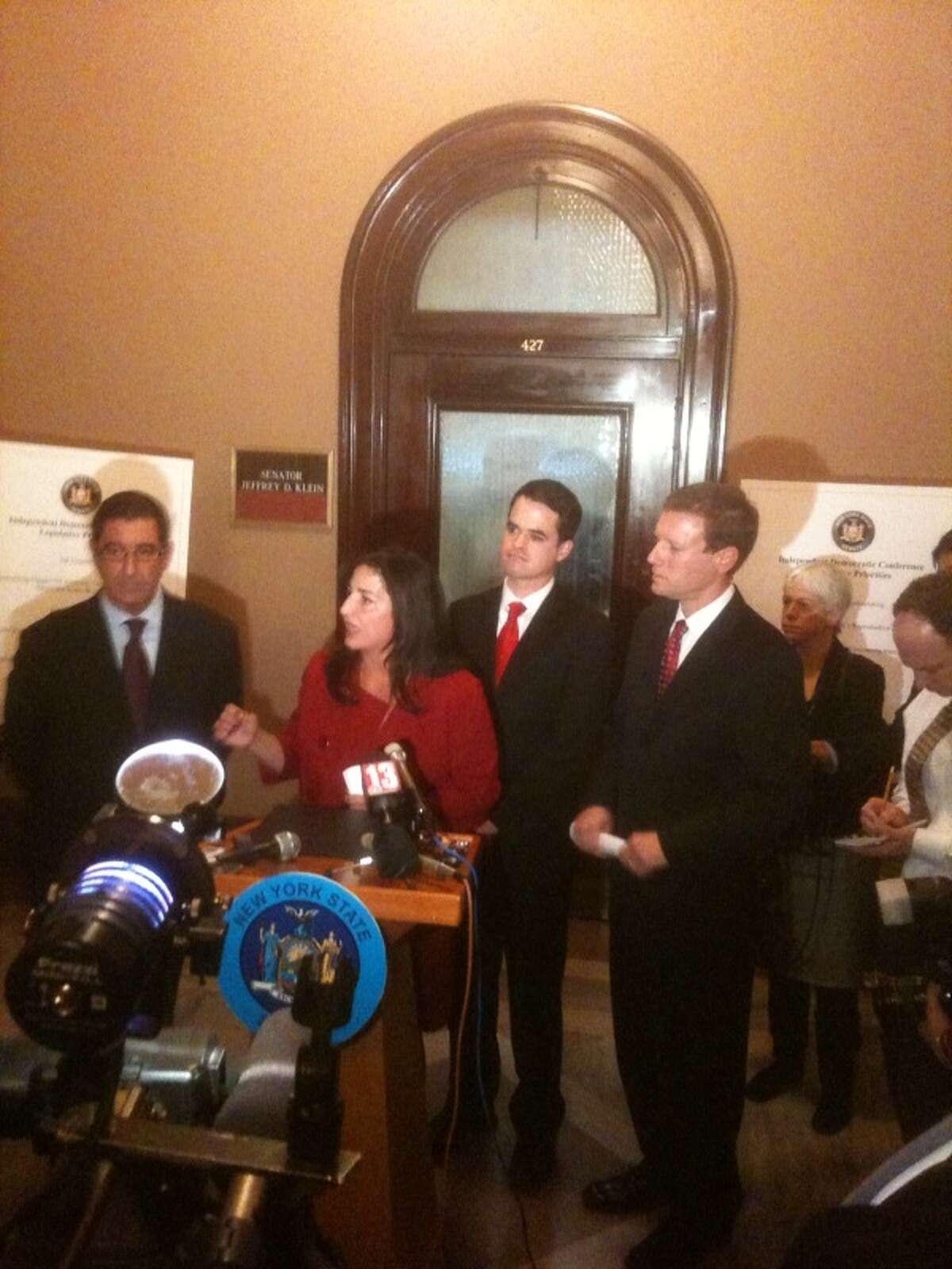 State Sens. Jeff Klein, left, Diane Savino, David Carlucci and David Valesky announce their formation of a breakaway Independent Democratic Conference outside Klein's office at the Capitol. (Rick Karlin, Times Union)