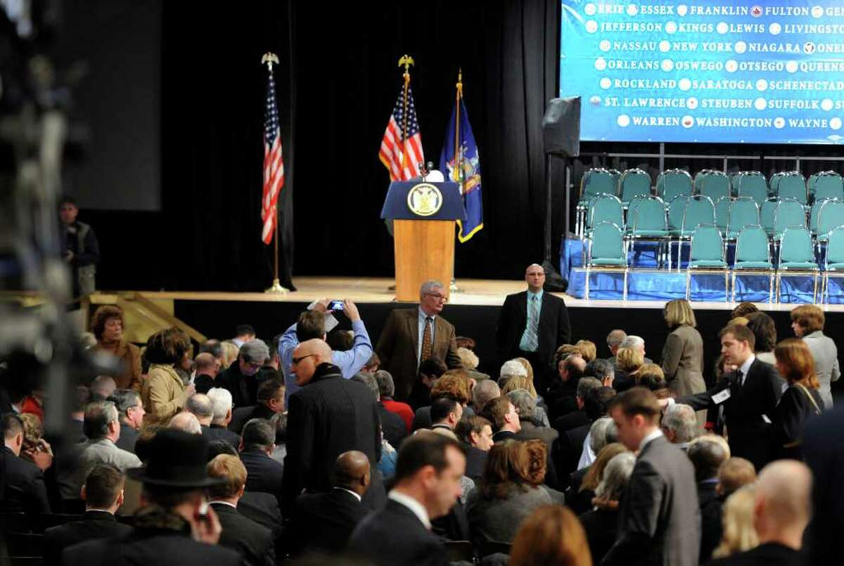 After a sweep of the facility, the public is allowed to enter the Convention Center in the Empire State Plaza in Albany before Gov. Andrew Cuomo makes his first State of the State speech January 5, 2011. (Skip Dickstein / Times Union)