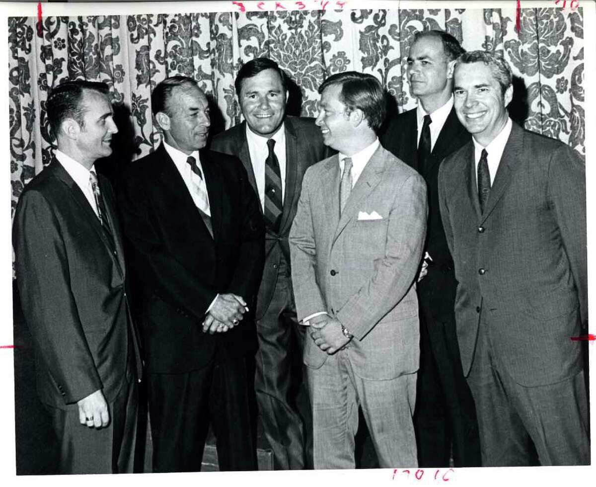 From left: Jimmy Brill, Judge Wallace C. "Pete" Moore, Richard "Racehorse" Haynes, Dick Deguerin, Carol Vance and Frank Briscoe honored Judge Moore with a testimonial dinner in May of 1969 at the Rice Hotel. Houston Chronicle file photo