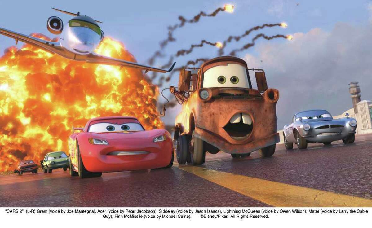 "CARS 2": (L-R) Grem (voice by Joe Mantegna), Acer (voice by Peter Jacobson), Siddeley (voice by Jason Isaacs), Lightning McQueen (voice by Owen Wilson), Mater (voice by Larry the Cable Guy), Finn McMissile (voice by Michael Caine). (Disney/Pixar)