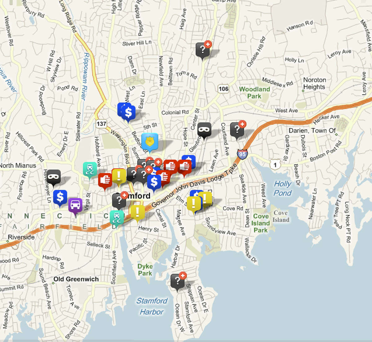 A screen capture of a map from crimemapping.com that plots the locations of police reports over a one-week period.