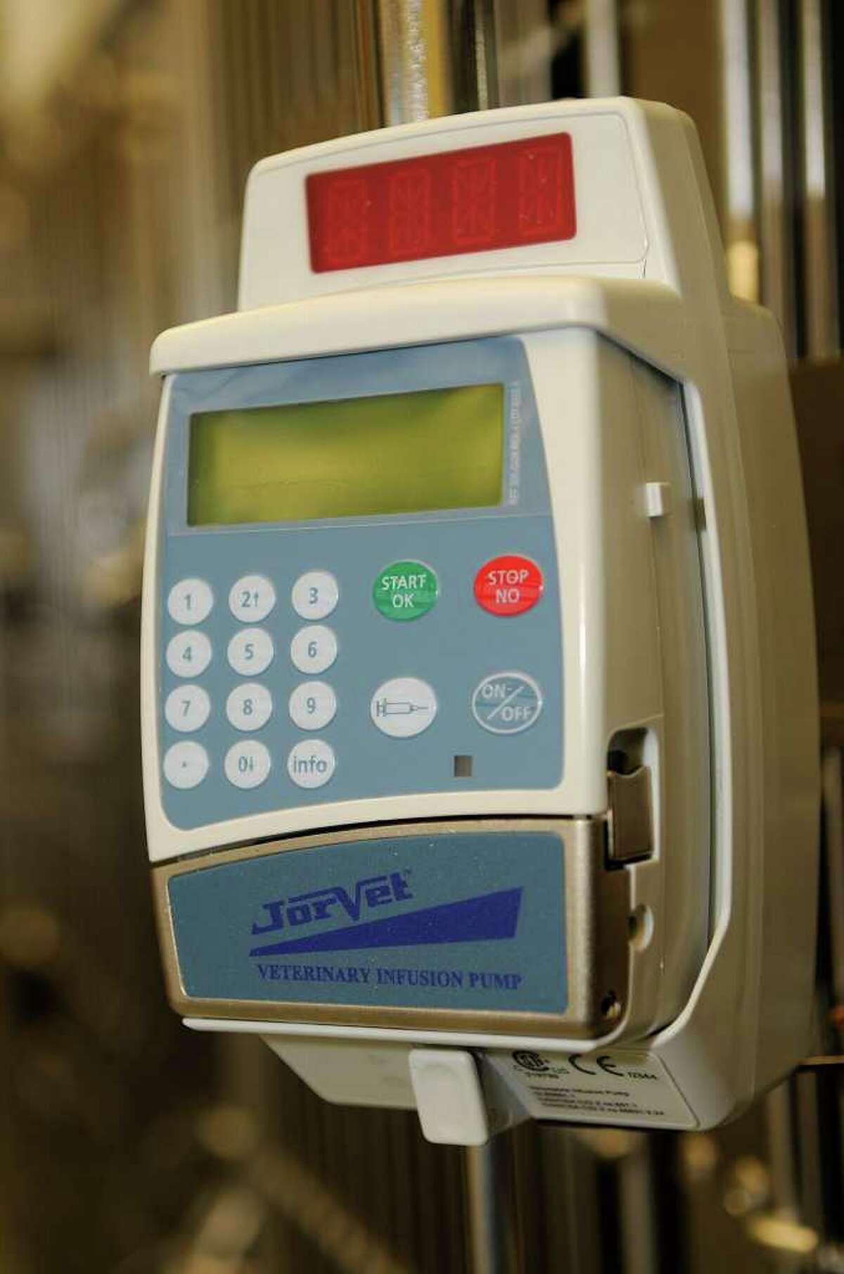 An IV infusion pump waits, on Tuesday, January 11, 2011, for its first patient in the intensive care department at the new Cornell University Veterinary Specialists facility, which will offer 24-hour emergency and critical veterinary care at 880 Canal Street in Stamford, CT. The facility plans to open on Friday.