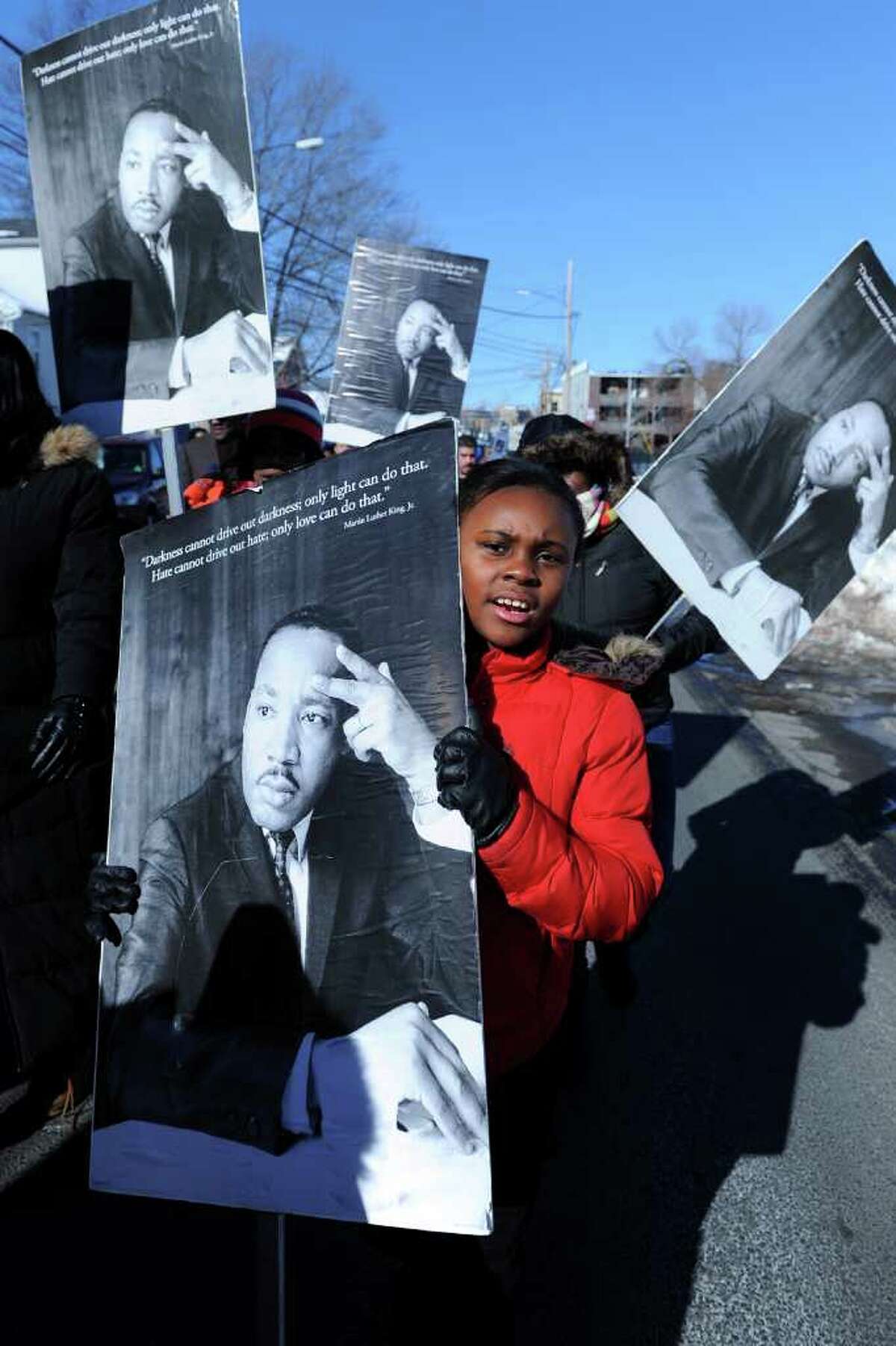 Masani Pettway, 9, walks in the annual Martin Luther King Jr. commemorative march on Hollister Ave. in Bridgeport, Conn. Jan. 17th, 2011.
