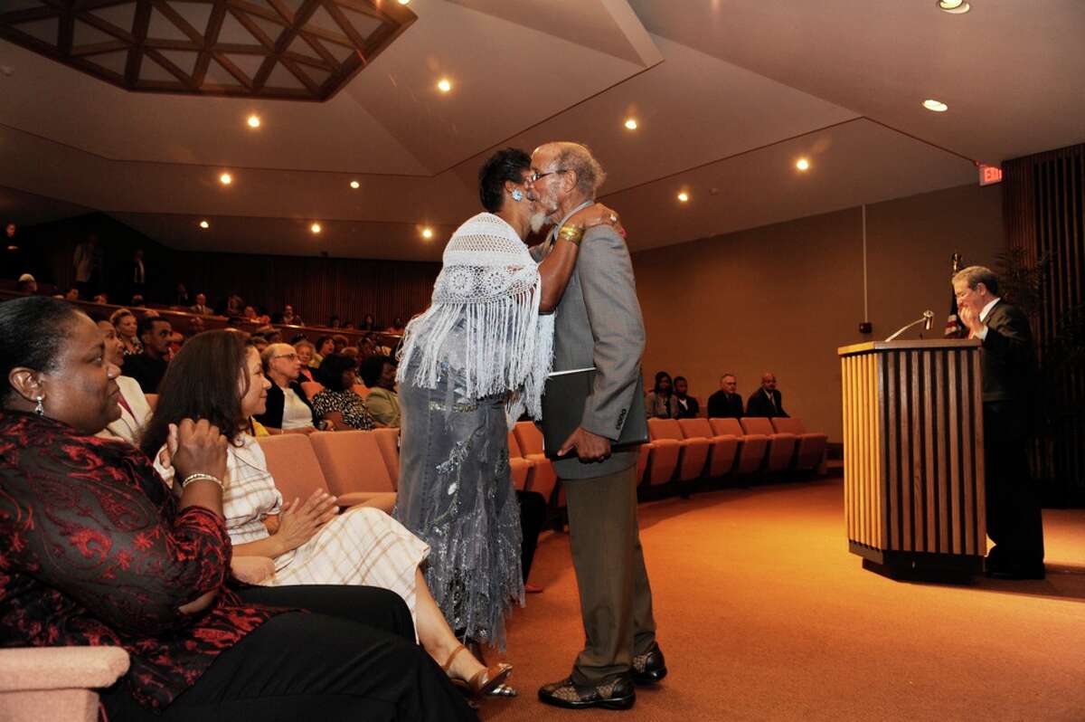 Longtime Lamar University professor Richard L. Price thanks Gloria Davis after she performed two songs in his honor during the dedication ceremony of the Dr. Richard L. Price Auditorium at Lamar University on Tuesday afternoon. September 9, 2008. Valentino Mauricio/