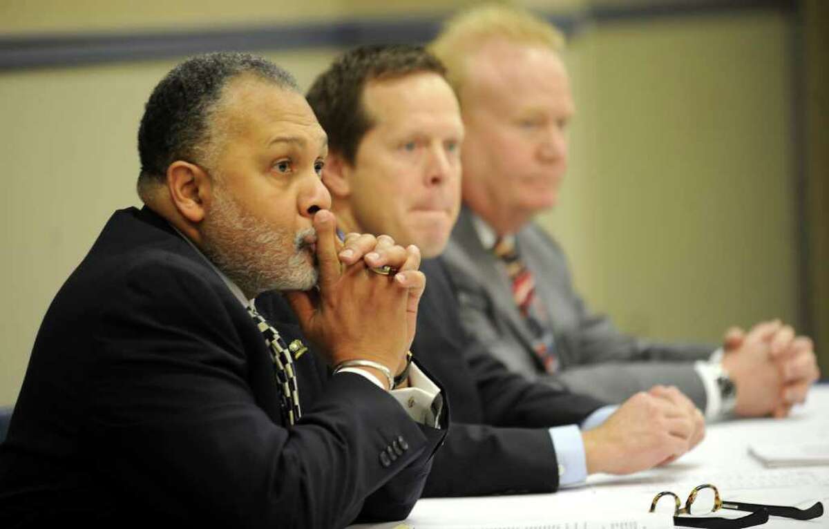 City Attorney Tyrone Cooper, City Manager Kyle Hayes, and Police Chief Frank Coffin listen to the opinions of a variety of speakers during a public hearing about a citizen's police-community advisory committee at the Civic Center in Beaumont, Tuesday Tammy McKinley/The Enterprise