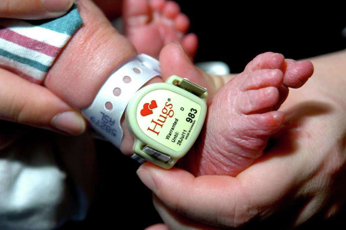 A Hugs infant security tag on the ankle of Austin Maler, a newborn at St. Vincent's Medical Center in Bridgeport, Conn. Jan. 27th, 2011.