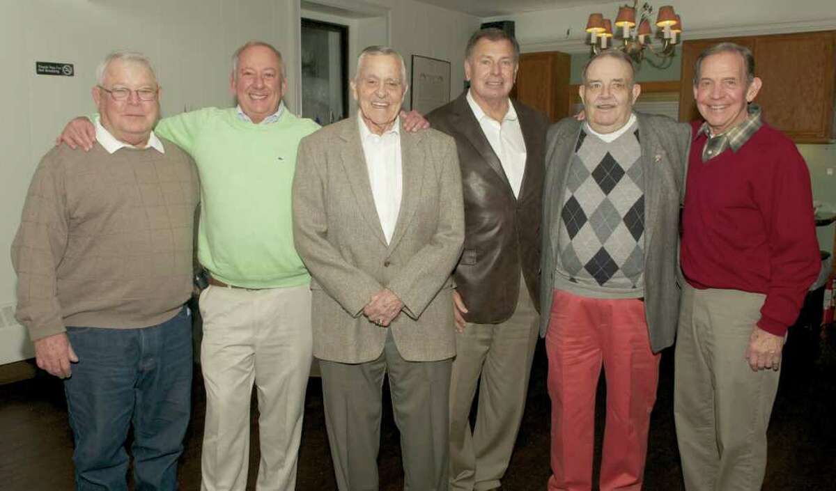 From left, Andrew Vrtiak, Roger Stenz, Tom Smith, Dave Rice, Bruce Fuller and Ed McDowell, all former Greenwich High School football coaches gathered at the St. Lawrence Club Friday night. The get-together, organized by Selectman David Theis, honored Fuller, who coached at GHS in the 1960s.