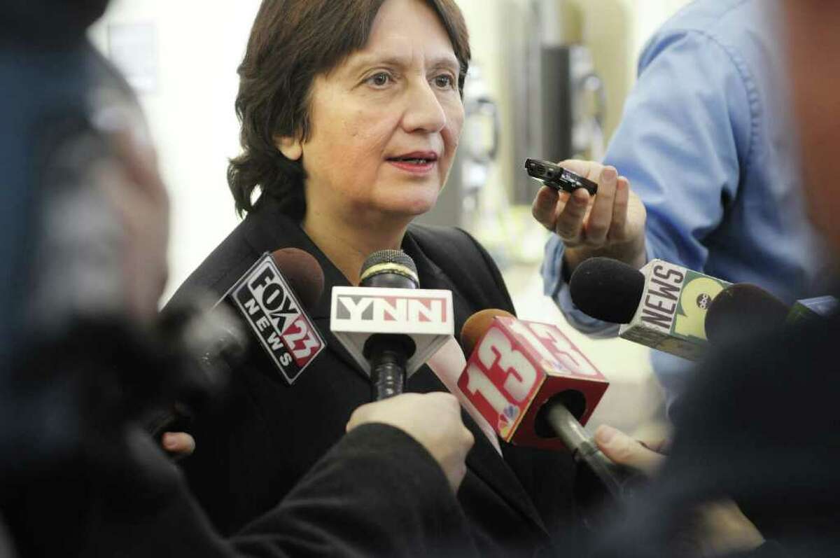 Defense attorney Cheryl Coleman talks to the media Thursday at the Albany County Judicial Center following the sentencing of her client, De Von Callicutt. Callicut was sentenced to life without parole for the 2008 murder of Richard Bailey, a University at Albany student. (Paul Buckowski / Times Union)