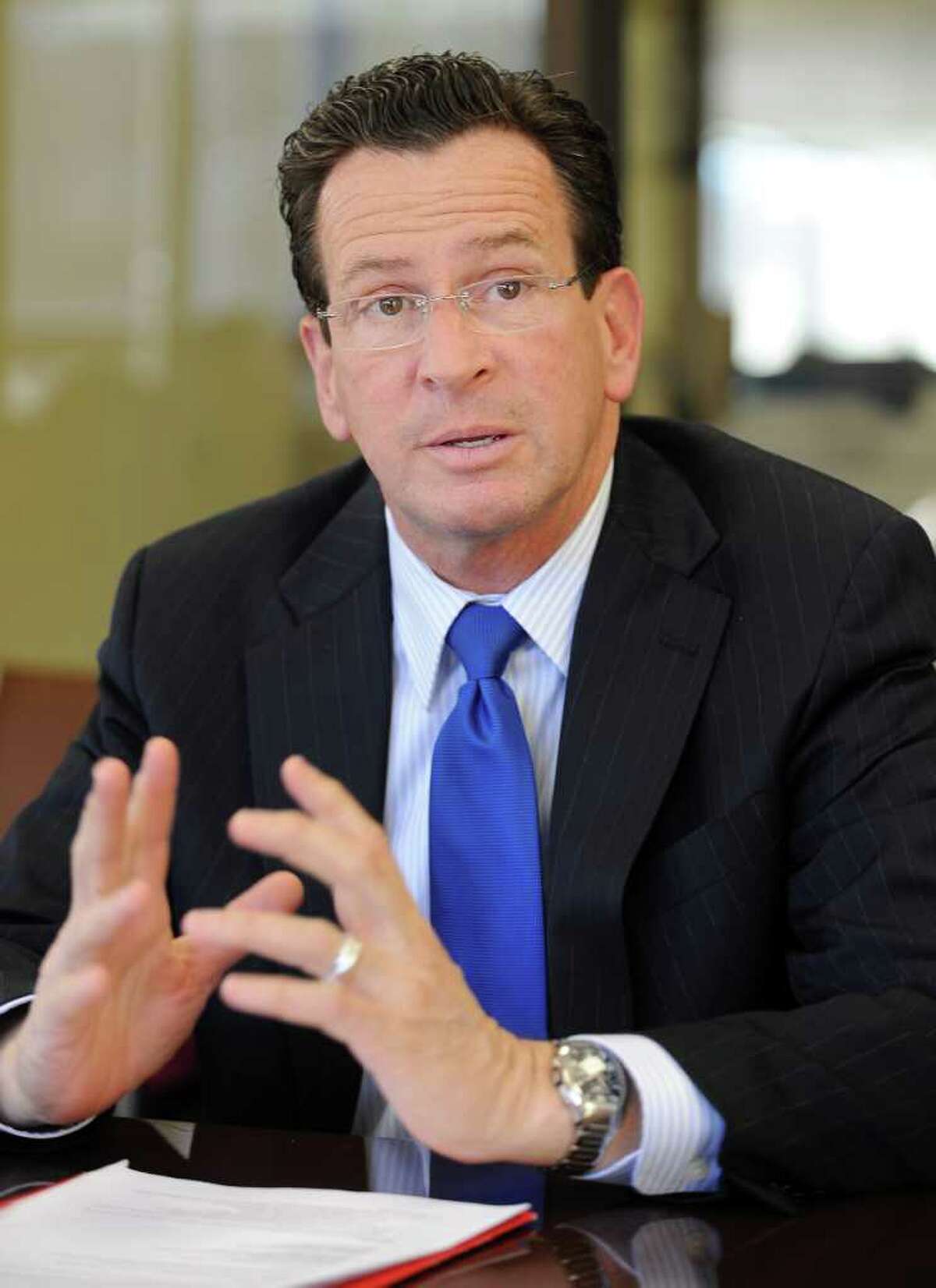 Gov. Dannel P. Malloy answers questions during an editorial board interview at the Connecticut Post in Bridgeport, Conn. Thursday, Feb. 03, 2011.
